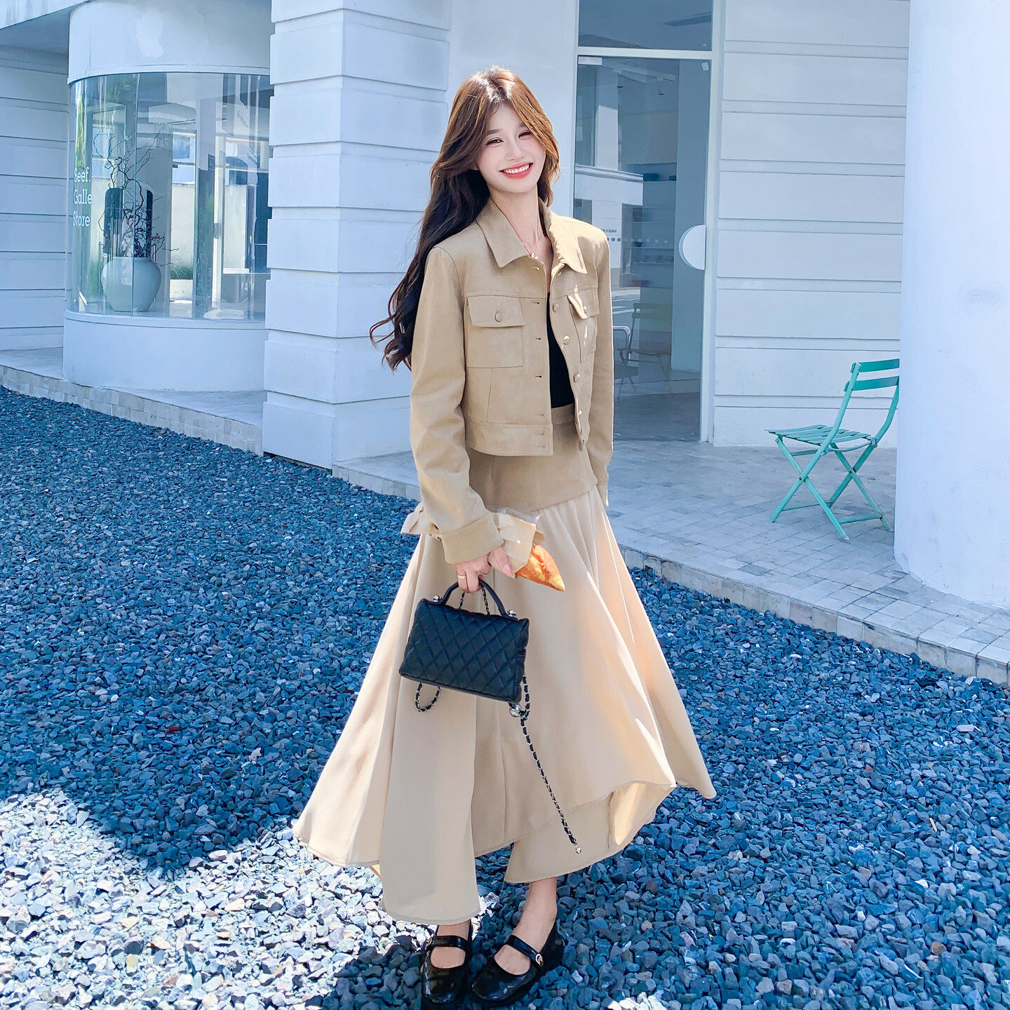 韩系工装风麂皮绒夹克外套不规则半身裙套装女秋季显瘦气质两件套