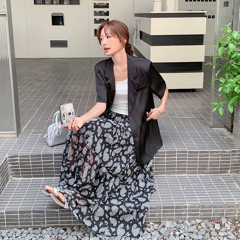 高级感轻奢缎面短袖西装套装长裙女夏装气质显瘦印花半身裙两件套