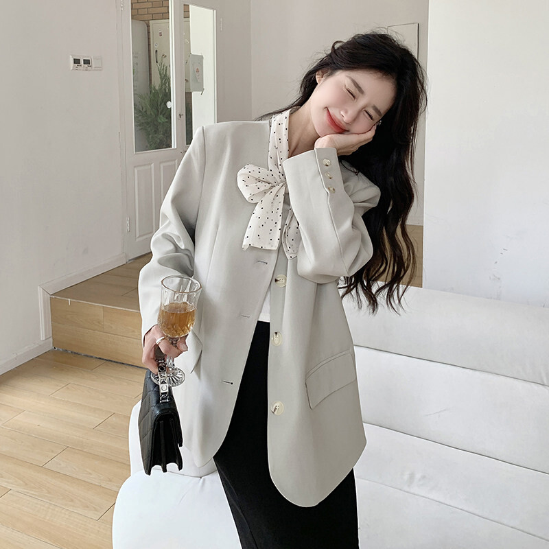 灰色波点飘带V领西装外套上衣女