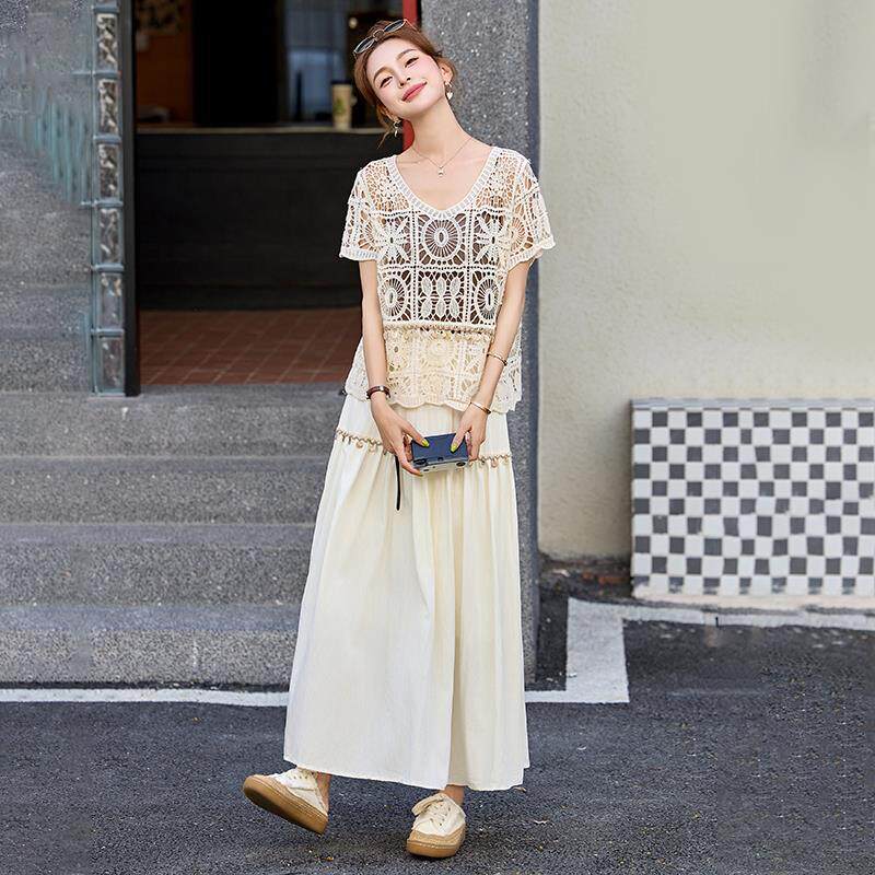 波西米亚度假风绝美套装连衣裙女夏时尚镂空钩花罩衫半身裙两件套