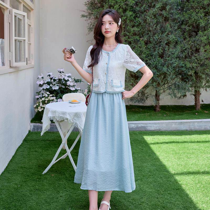 法式高级感撞色方领蕾丝衫套装长裙女夏时尚减龄A字半身裙两件套