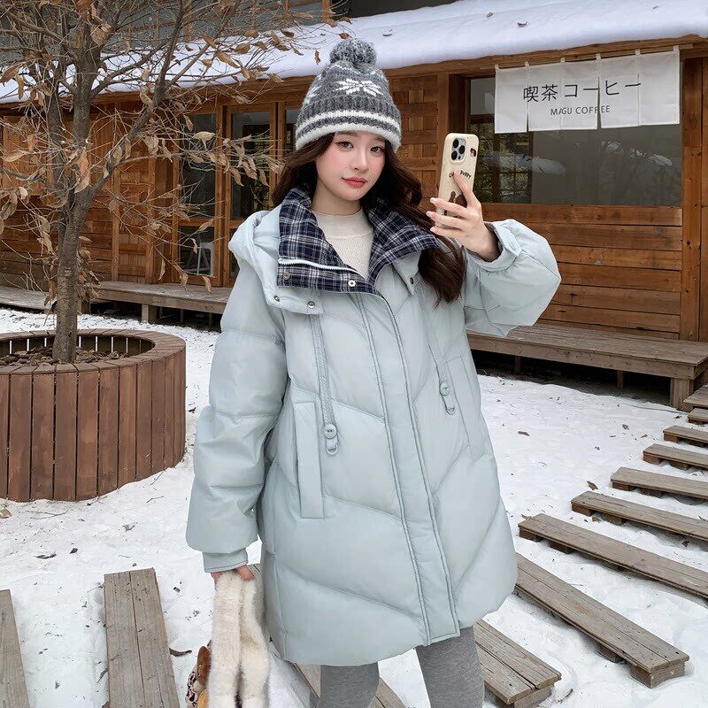 蓝色大码胖mm羽绒服女冬中长款包臀宽松显瘦连帽孕妇加厚保暖外套