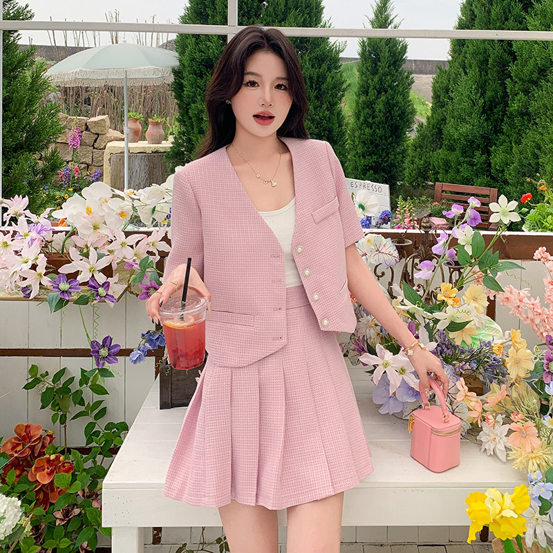 高级感时尚小个子百褶短裙套装女夏短袖外套搭配高腰半身裙两件套