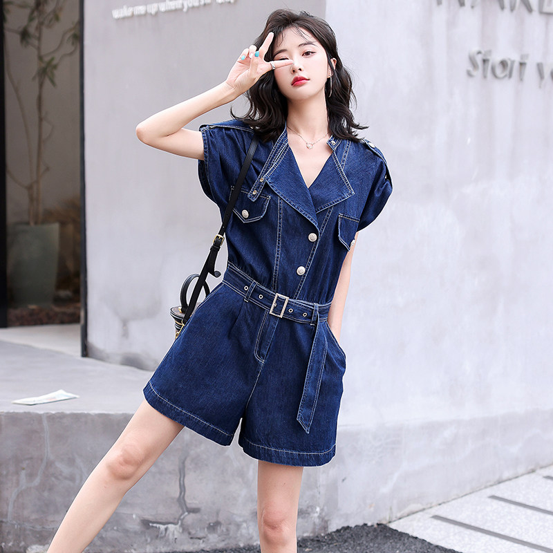 牛仔连体裤女夏季薄款新款设计感小众高腰工装连衣裤显瘦阔腿短裤