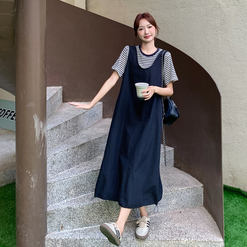 学院风减龄背心连衣裙套装女夏季新款韩系减龄休闲条纹T恤两件套