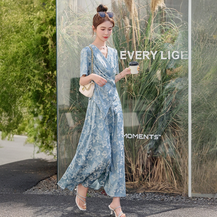高端气质时尚印花小衫套装长裙女夏减龄提花缎面系带半身裙两件套