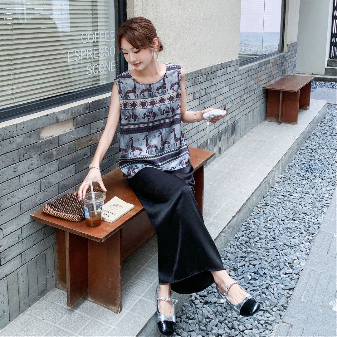 高级感御姐穿搭套装长裙女夏民族风印花无袖马甲上衣半身裙两件套