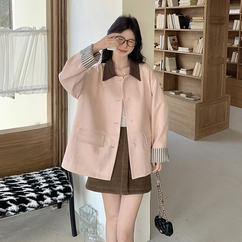 韩系粉色翻领条纹拼接短外套女