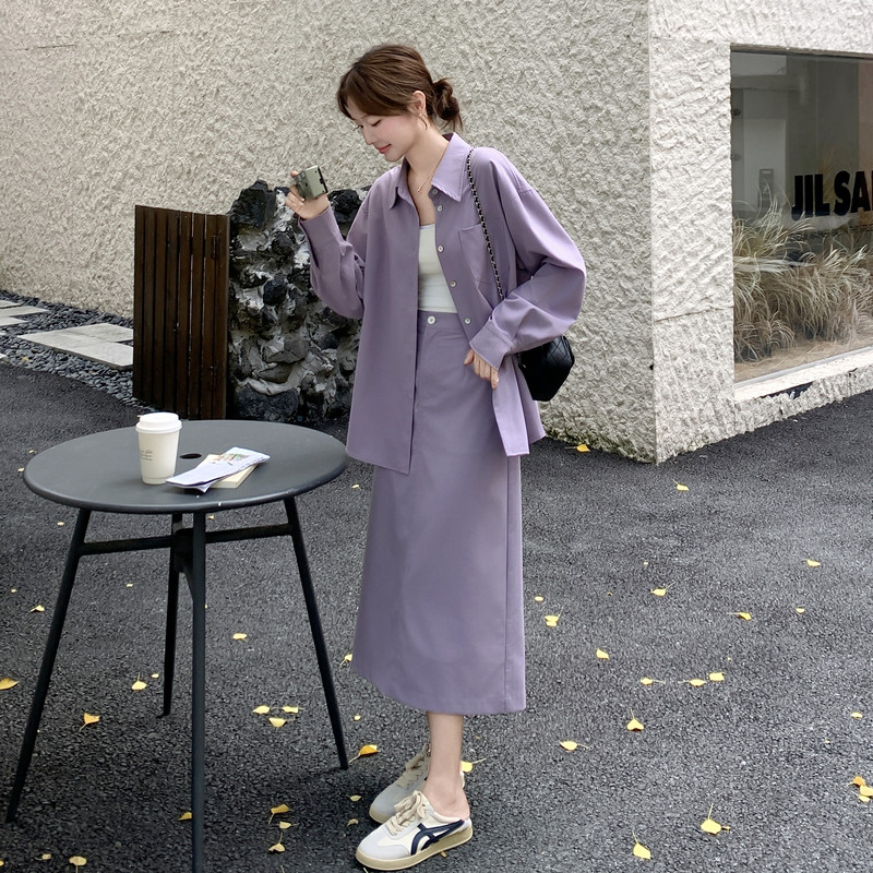紫色轻熟风套装裙女秋2025新款法式复古气质长袖衬衣半身裙两件套