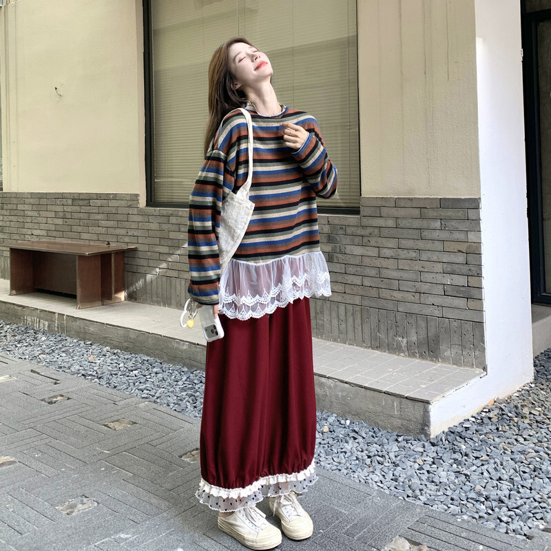复古条纹拼接蕾丝卫衣阔腿裤套装