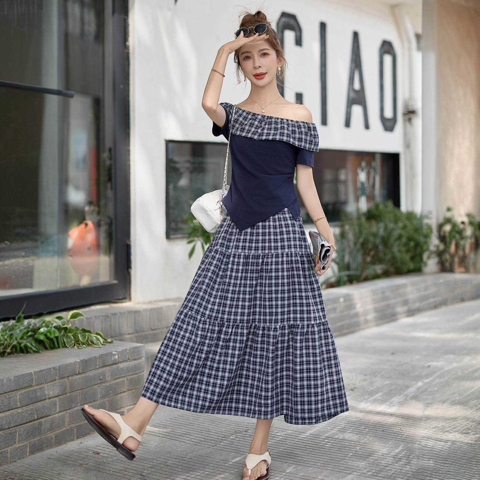 高级感穿搭套装长裙女夏装新款设计感显瘦一字肩减龄半身裙两件套