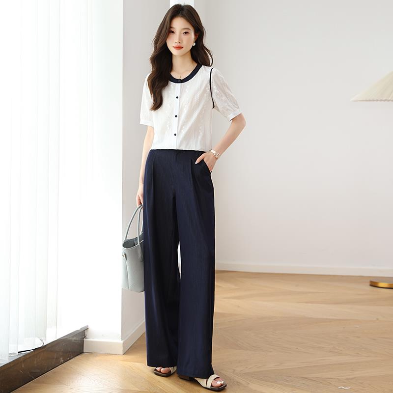 高级感减龄通勤时尚套装长裤女夏装短袖t恤上衣阔腿裤气质两件套