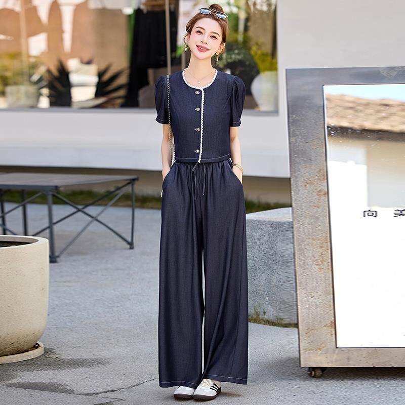 港风复古蕾丝拼接牛仔上衣阔腿裤套装女夏季洋气高级感休闲两件套