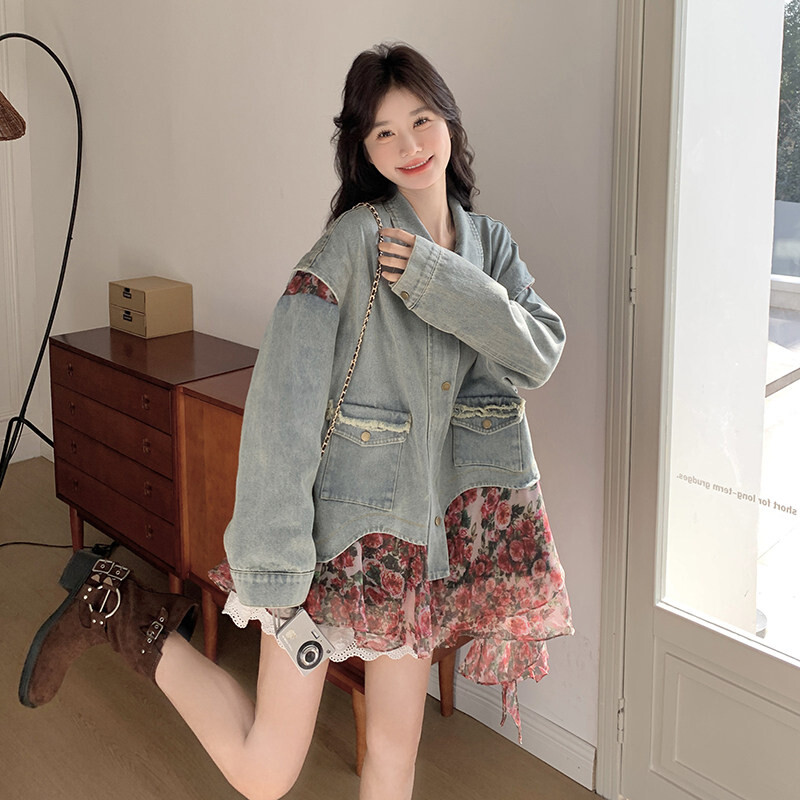 独特漂亮碎花拼接牛仔短款外套女春秋小众高级设计感休闲夹克上衣