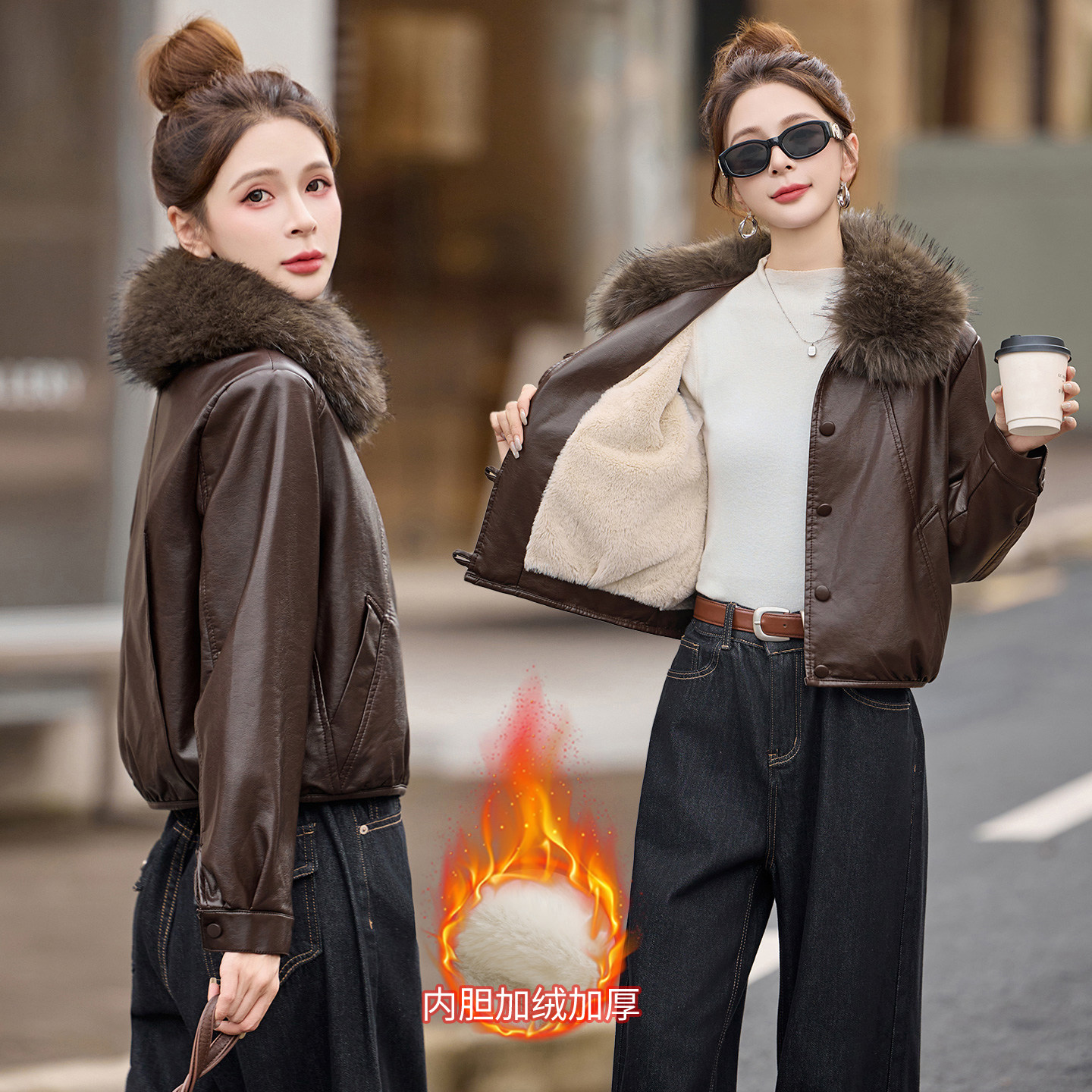 复古机车翻领PU皮衣女短款加绒加厚秋冬新款今年流行爆款夹克外套