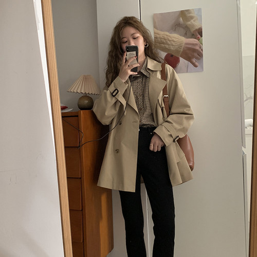 卡其色复古风衣外套女春秋新款韩系穿搭宽松英伦风中长款大衣外套