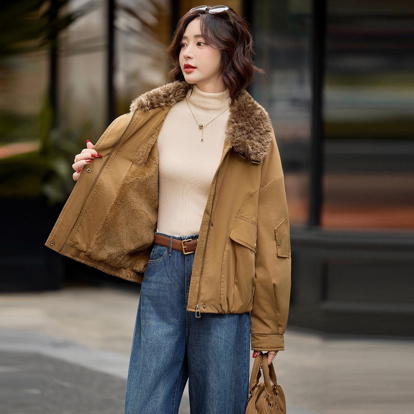 韩系短款加绒加厚棉衣派克服女新款秋冬独特超好看厚毛领工装外套