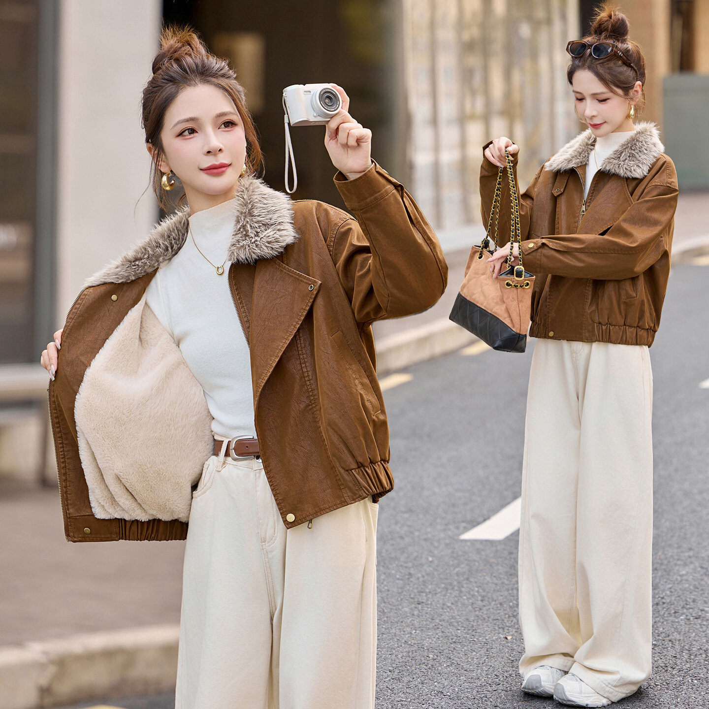 复古机车风翻领加绒皮衣女2026冬季新款宽松加厚保暖夹克棉服外套