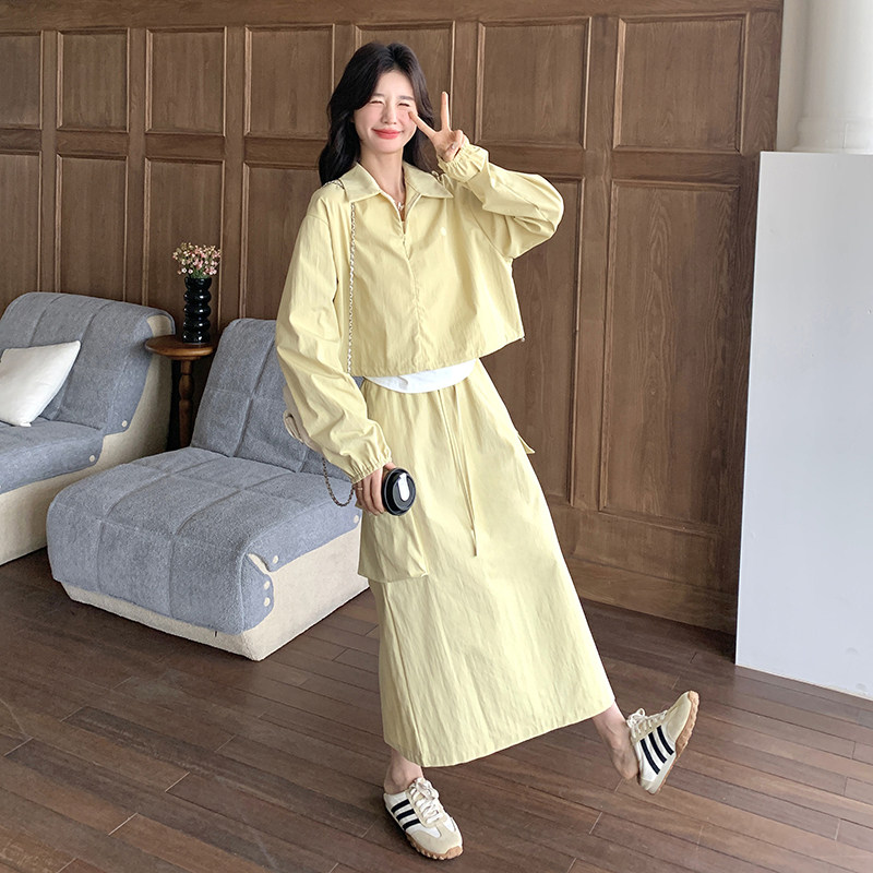 韩系休闲工装套装裙女2025超火秋装一整套半拉链上衣半身裙两件套