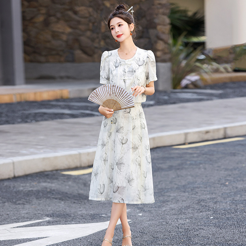 新中式国风印花套装连衣裙女夏新款复古盘扣上衣气质半身裙两件套