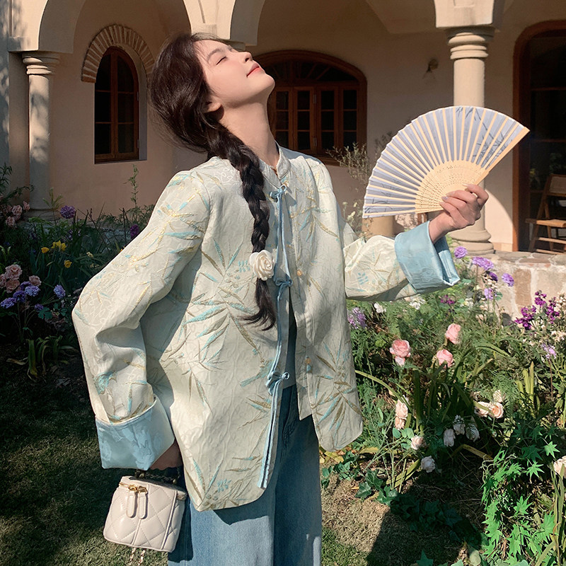 新中式国风复古盘扣提花外套女
