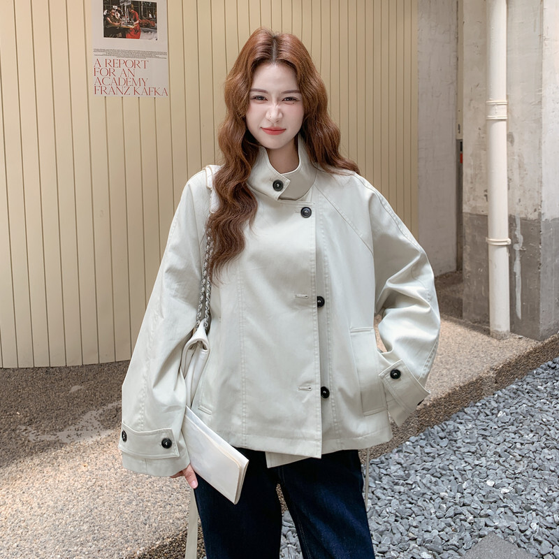 韩系立领短款风衣女宽松双排扣
