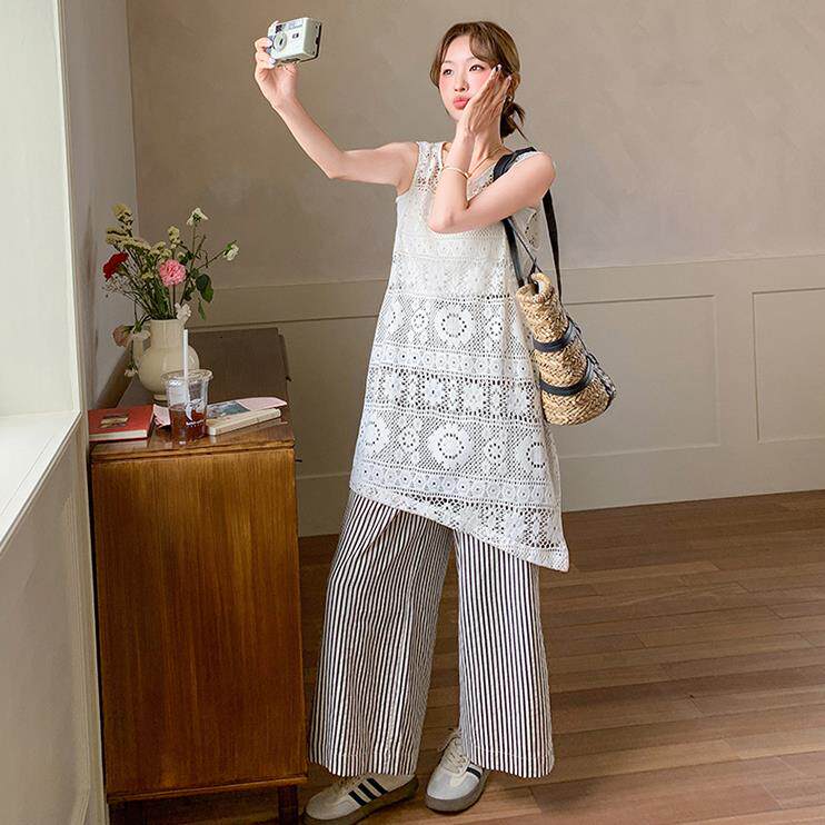 韩系度假风无袖镂空罩衫套装女夏季新款休闲显瘦条纹阔腿裤两件套