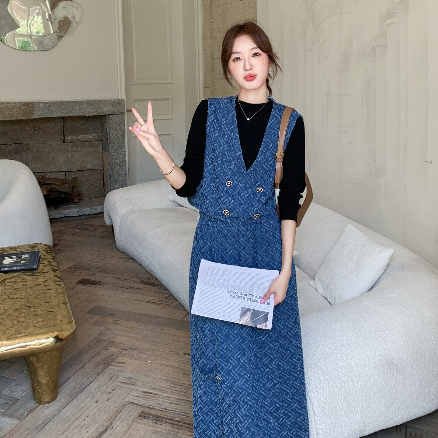 韩系复古格子牛仔套装裙女春2026新款高级感马甲内搭半身裙三件套