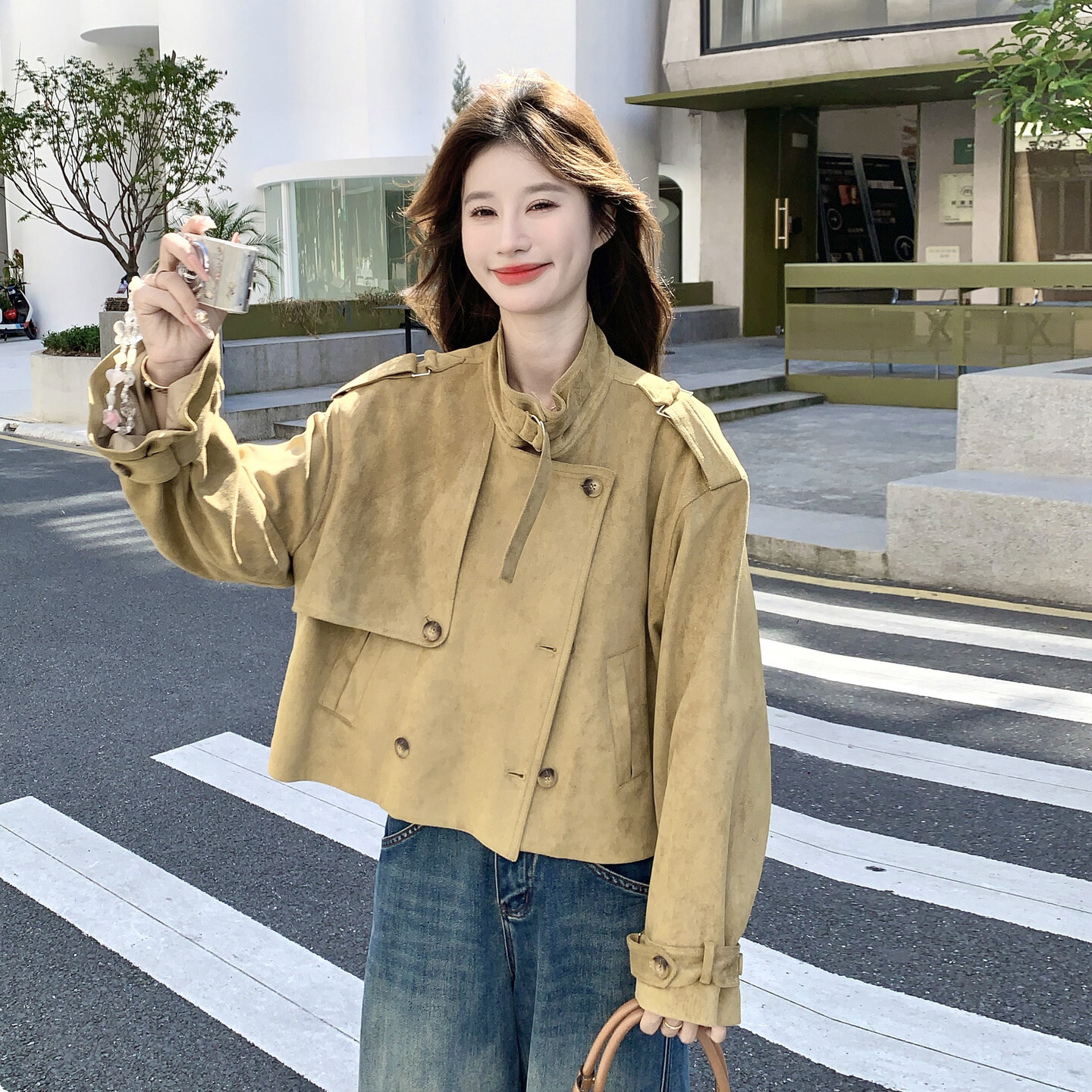 韩系复古麂皮绒风衣外套女秋季宽松百搭小个子短款工装夹克酷飒风