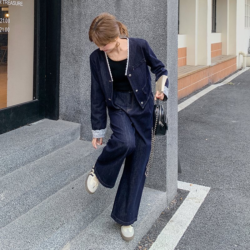 高级感时尚牛仔套装春秋新款蕾丝拼接显瘦V领短外套阔腿裤两件套
