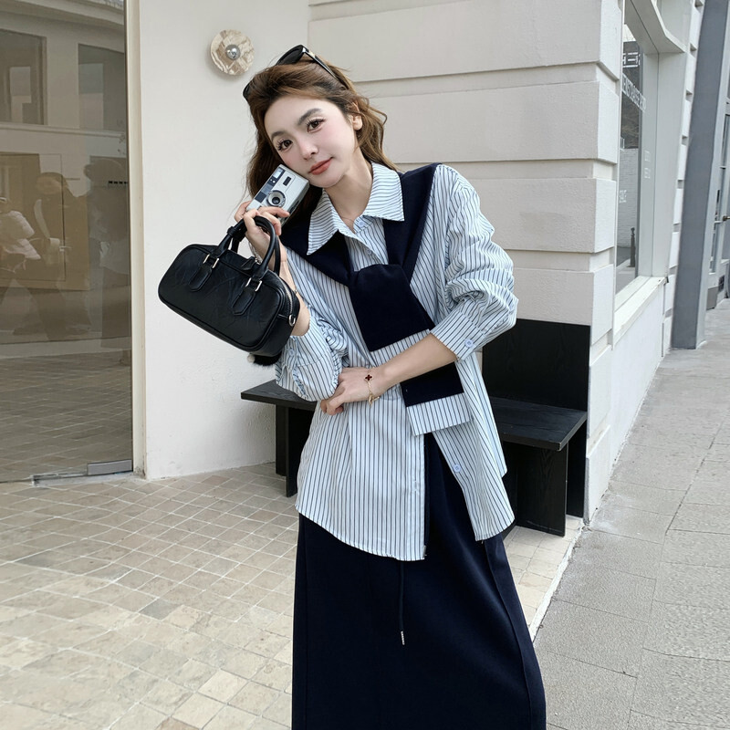 翻领条纹衬衫披肩半身裙套装女