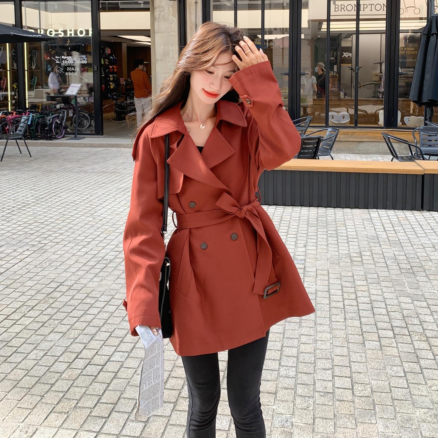 红色风衣外套女2025秋季新款韩版气质休闲收腰显瘦百搭中长款大衣