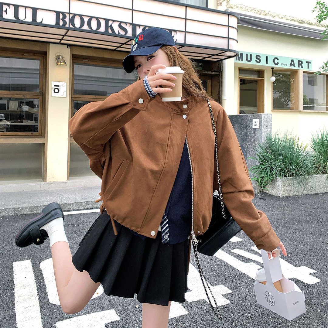 韩系休闲短款麂皮工装外套女秋新款又酷又飒小个子复古美拉德夹克
