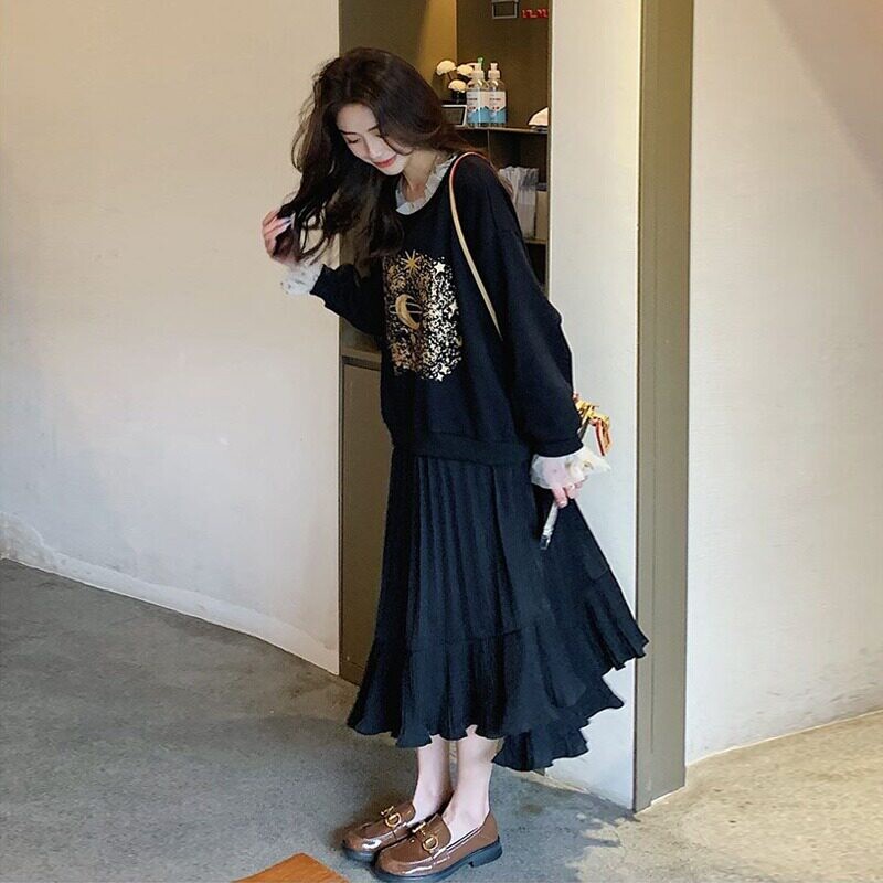长袖卫衣拼接荷叶边针织连衣裙女
