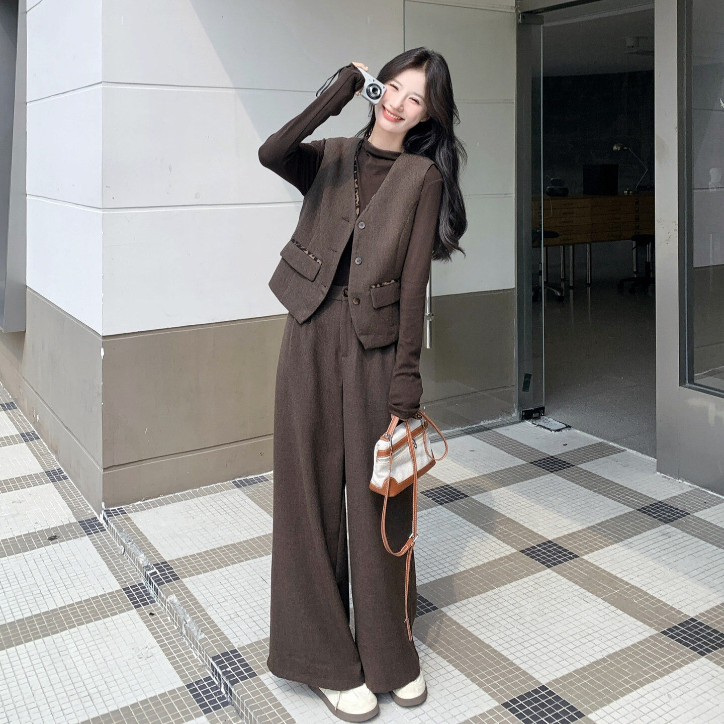 韩系复古马甲打底衫阔腿裤三件套女2026秋季新款时尚极简质感套装