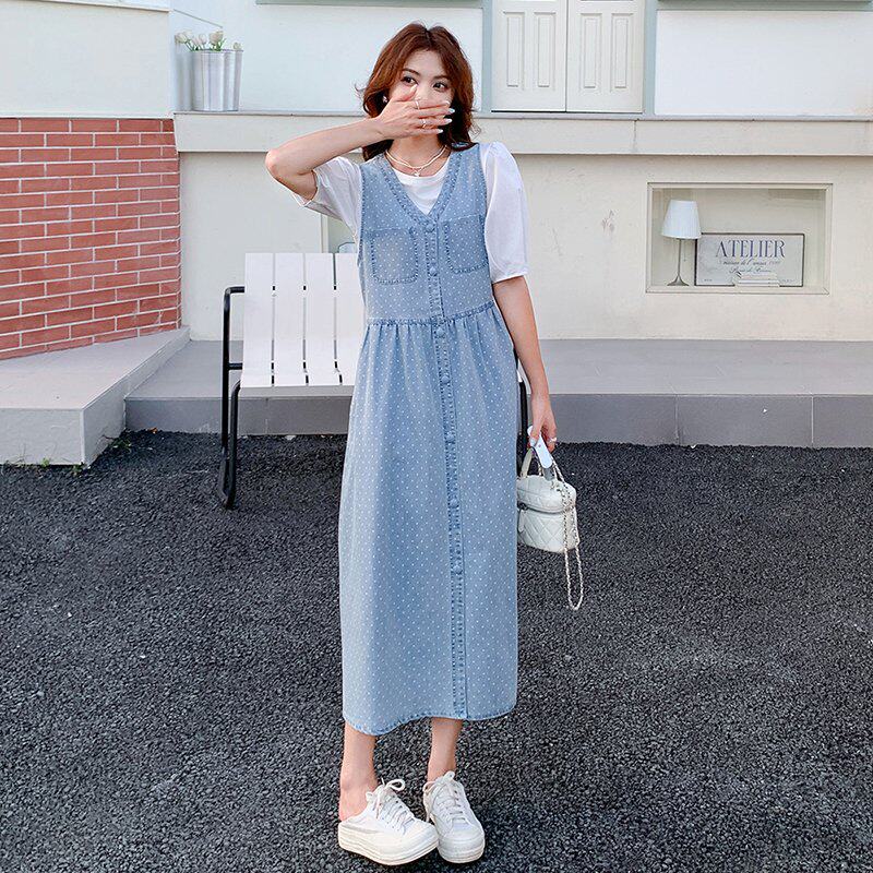 宽松薄牛仔背带连衣裙套装女夏学院减龄穿搭高腰遮肚子长裙两件套