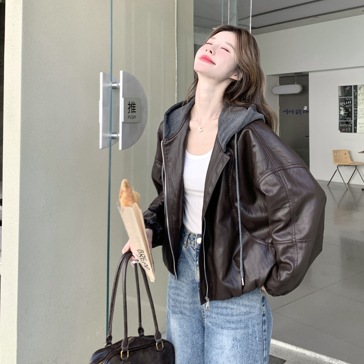 复古韩系连帽短款PU皮衣女春秋