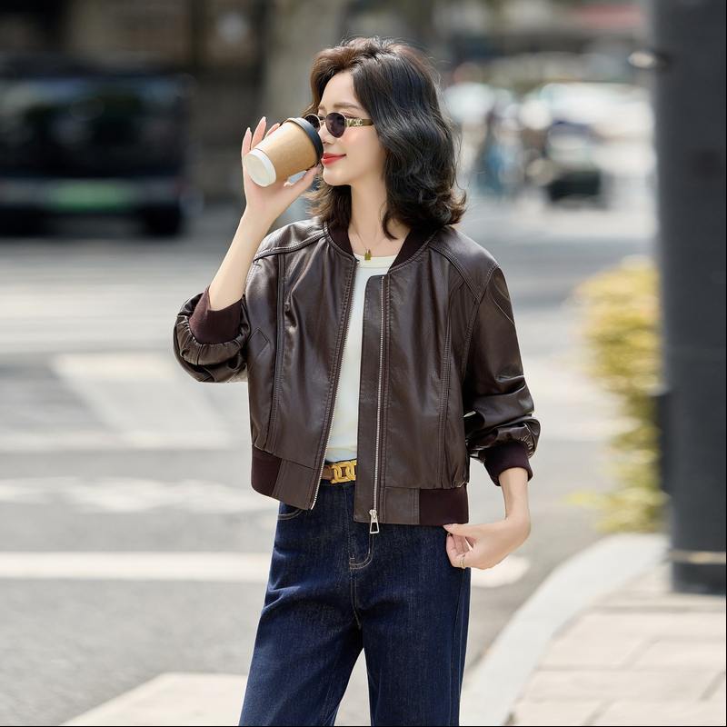 休闲炸街短款皮衣女春秋小个子港风复古机车服棒球领PU皮夹克外套