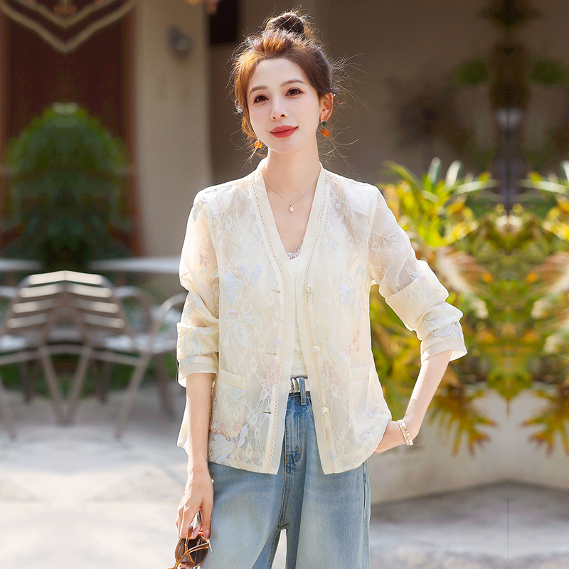 新中式国风外套女夏季小个子高级感复古刺绣薄款防晒开衫短款上衣