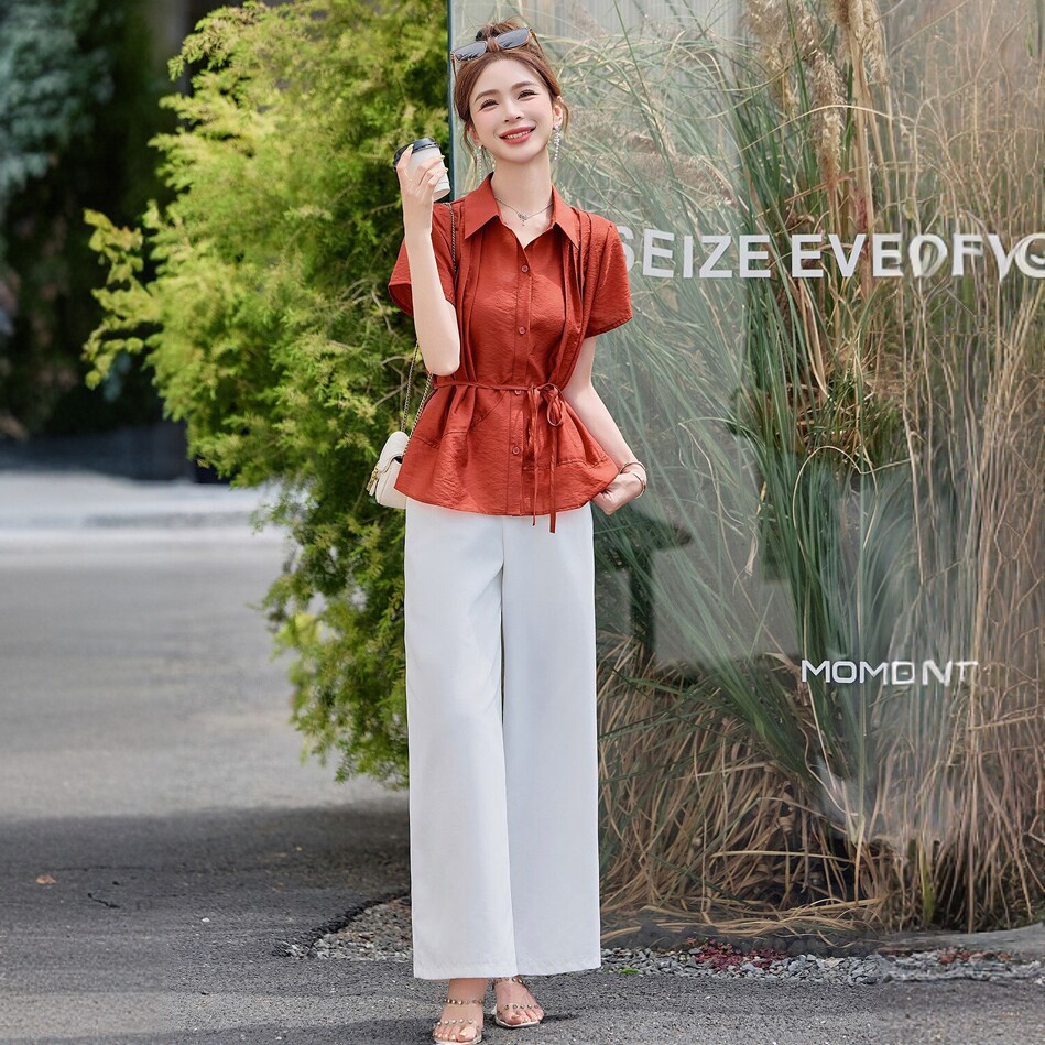 高级感优雅气质短袖衬衫长裤套装女夏装新款洋气减龄阔腿裤两件套