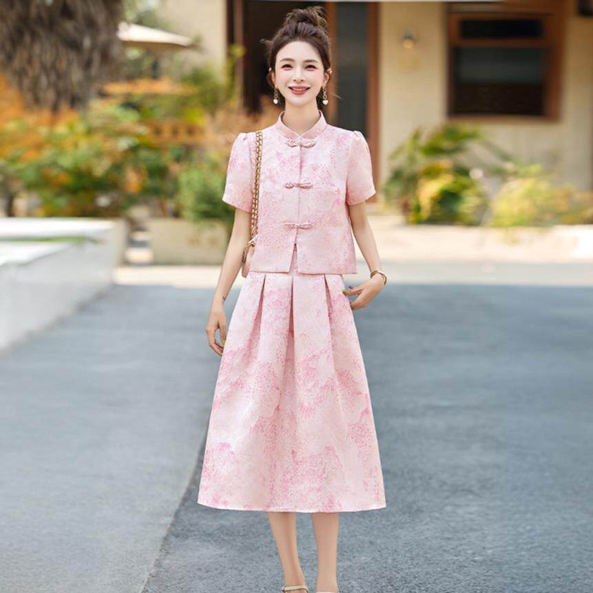 新中式短袖上衣外套半身裙两件套女夏装时尚国风印花气质长袖套装