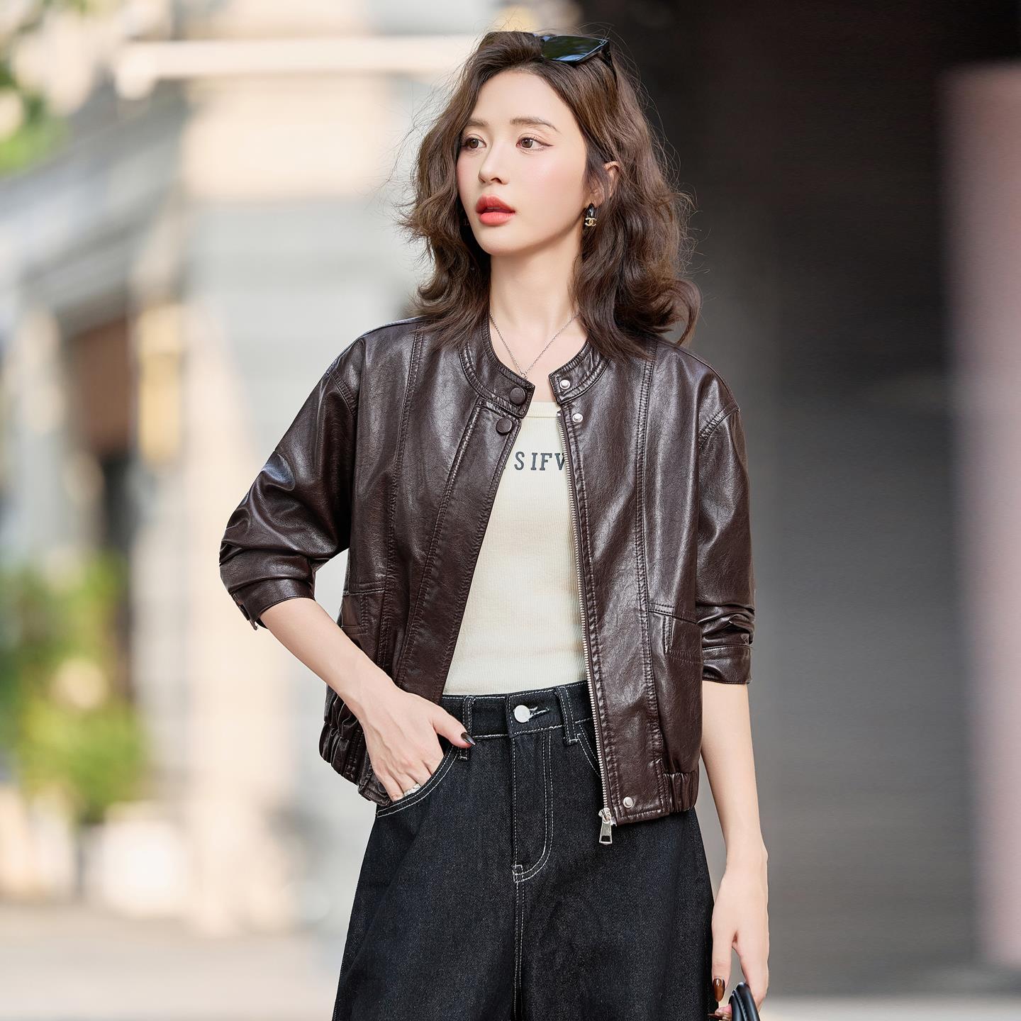 立领短款皮衣女秋季新款爆款时尚小个子气质通勤百搭pu皮夹克外套