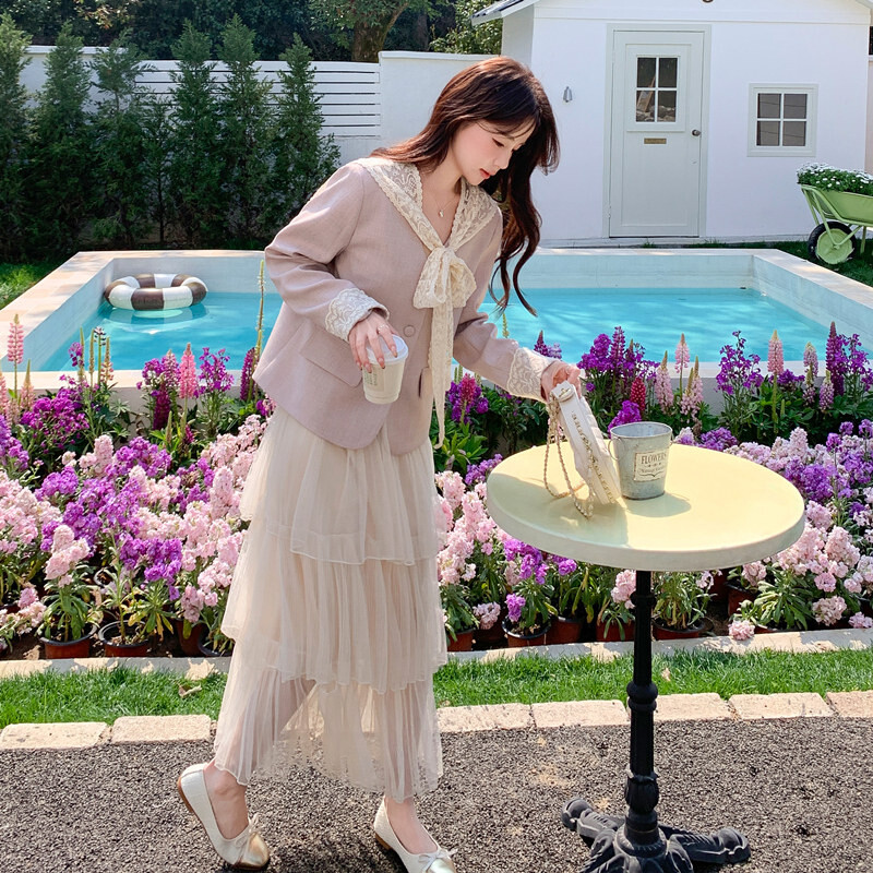 韩系蕾丝披肩粉色西装外套女