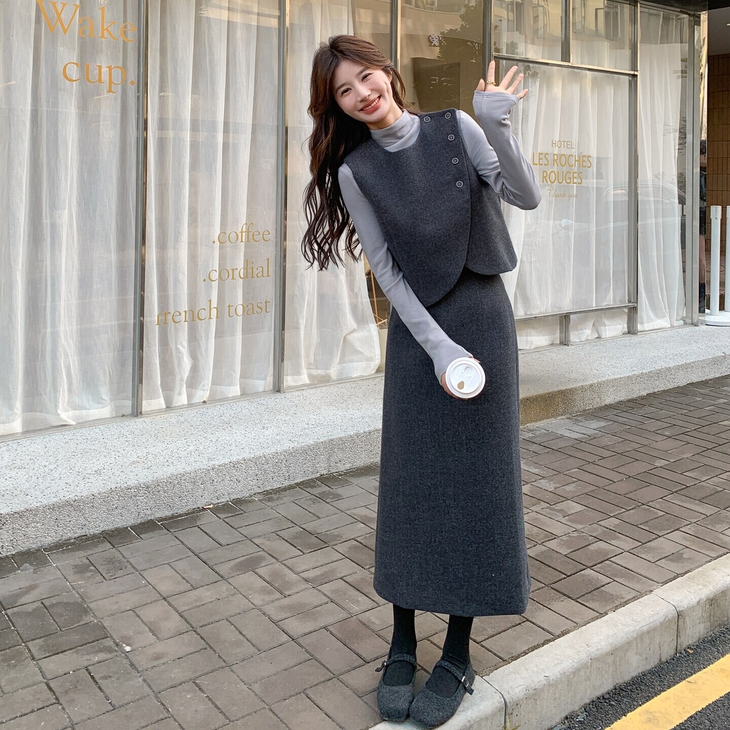 韩系优雅春秋立领马甲三件套女