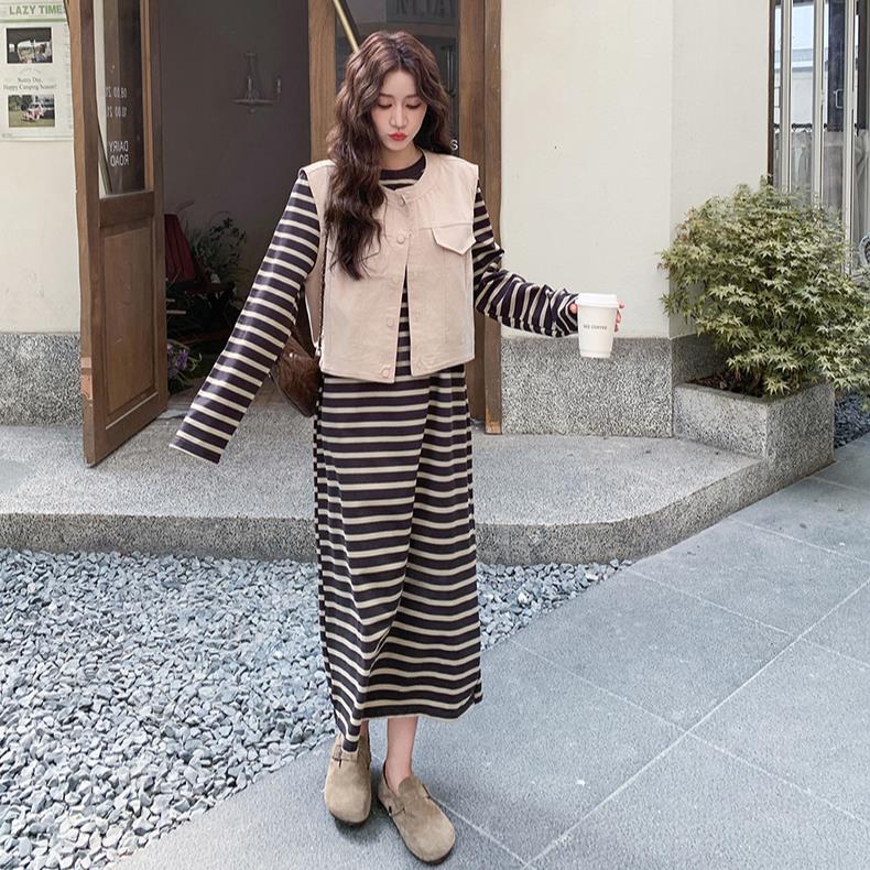 慵懒风休闲长袖条纹连衣裙马甲套装春秋新款高级感显瘦长裙两件套