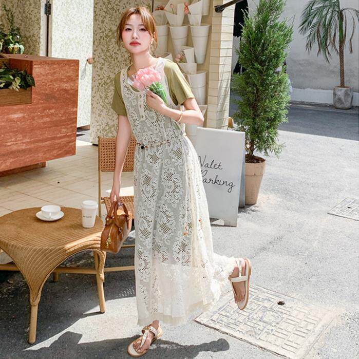 温柔风叠穿蕾丝镂空罩衫背心裙两件套女夏装宽松t恤裙轻薄连衣裙