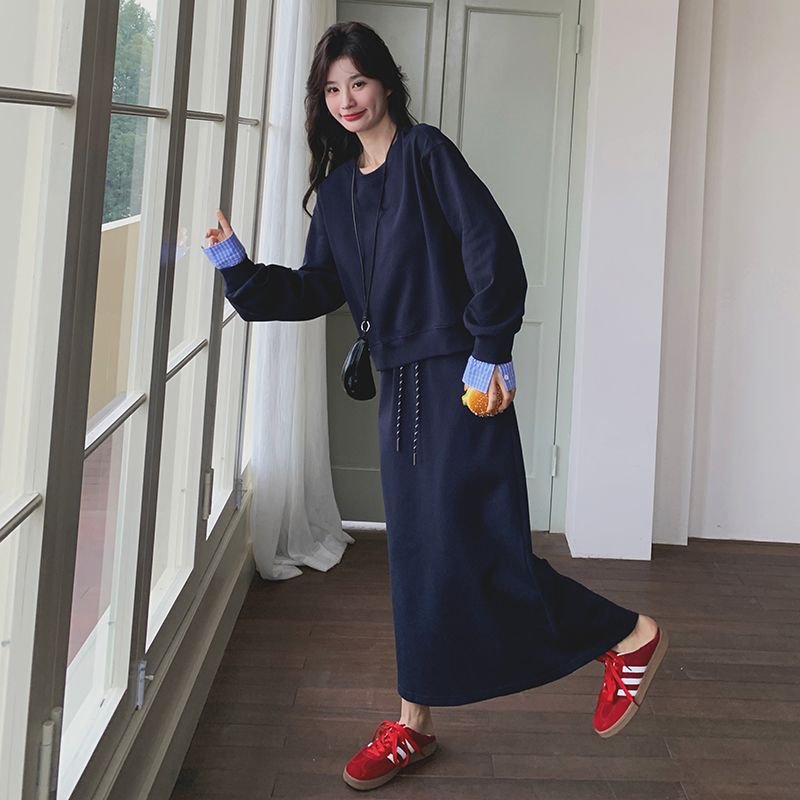 韩系穿搭氛围感卫衣套装长裙女春秋新款休闲显瘦气质半身裙两件套