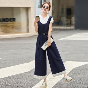 设计感薄款牛仔背带裤套装女夏圆领T恤蕾丝拼接阔腿连体裤两件套