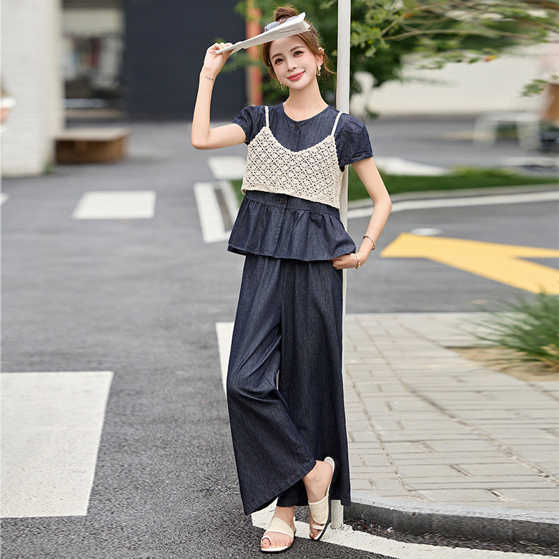 轻熟穿搭一整套水洗牛仔裤套装女夏收腰上衣阔腿裤休闲时髦三件套