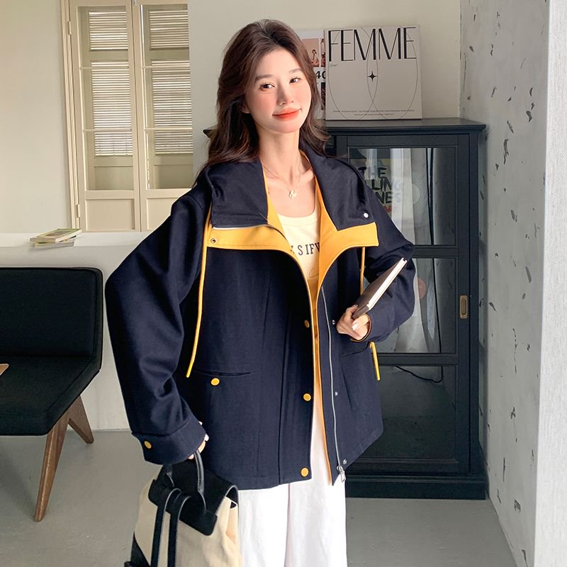 韩版宽松撞色工装外套女秋季新款超好看休闲百搭连帽短款夹克风衣
